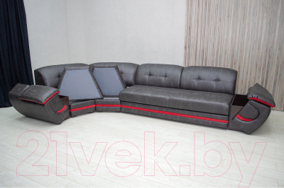 Диван угловой Петрамебель Браво правый (вестерн 09 темно-серый иск. замша/красный велюр)
