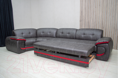 Диван угловой Петрамебель Браво правый (вестерн 09 темно-серый иск. замша/красный велюр)