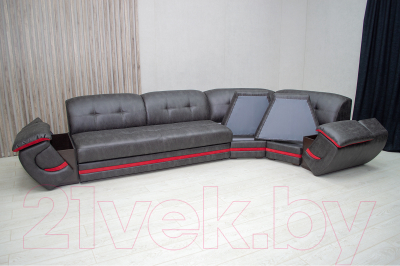 Диван угловой Петрамебель Браво левый (вестерн 09 темно-серый иск. замша/красный велюр)