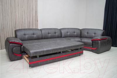 Диван угловой Петрамебель Браво левый (вестерн 09 темно-серый иск. замша/красный велюр)