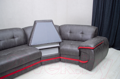 Диван угловой Петрамебель Браво левый (вестерн 09 темно-серый иск. замша/красный велюр)