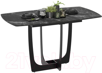Обеденный стол ТриЯ Орфей (черный муар/стекло глянцевое черный мрамор)