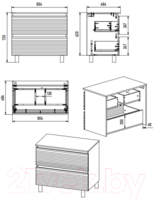 Тумба под умывальник Brevita Dakota 80 / DAK-07080-19/01-2Я (белый/темное дерево)