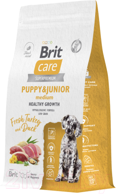 Сухой корм для собак Brit Care Dog Puppy&Junior M Healthy Growth с инд. и уткой / 5066285 (1.5кг) - фото