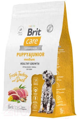 Сухой корм для собак Brit Care Dog Puppy&Junior M Healthy Growth с инд. и уткой / 5066292 (3кг) - фото