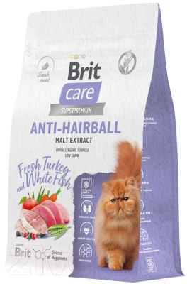 Сухой корм для кошек Brit Care Cat Anti-Hairball с белой рыбой и индейкой / 5066254 - фото
