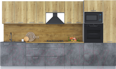 Кухонный гарнитур Интерлиния Мила Лайт 3.6 ВТ (дуб золотой/бетон портленд/дуб бунратти) - фото
