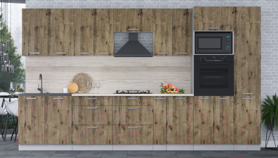 Кухонный гарнитур Интерлиния Мила Лайт 3.6 ВТ (дуб веллингтон/дуб веллингтон/травертин серый)