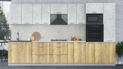 Кухонный гарнитур Интерлиния Мила Лайт 3.6 ВТ (бетон лайт/дуб золотой/опал светлый)