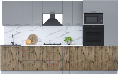 Кухонный гарнитур Интерлиния Мила Лайт 3.4 ВТ (серебро/дуб веллингтон/белый гранит) - фото