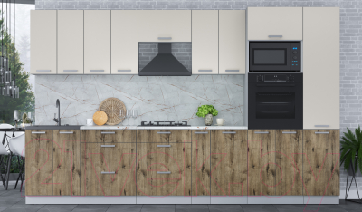 Кухонный гарнитур Интерлиния Мила Лайт 3.4 ВТ (персидский жемчуг/дуб веллингтон/серый каспий)