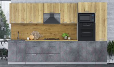 Кухонный гарнитур Интерлиния Мила Лайт 3.4 ВТ (дуб золотой/бетон портленд/дуб бунратти)