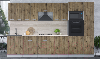 Кухонный гарнитур Интерлиния Мила Лайт 3.4 ВТ (дуб веллингтон/дуб веллингтон/травертин серый)