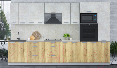 Кухонный гарнитур Интерлиния Мила Лайт 3.4 ВТ (бетон лайт/дуб золотой/опал светлый)