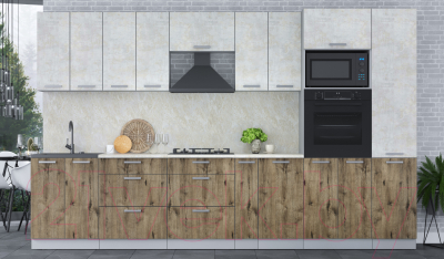 Кухонный гарнитур Интерлиния Мила Лайт 3.4 ВТ (бетон лайт/дуб веллингтон/опал светлый)