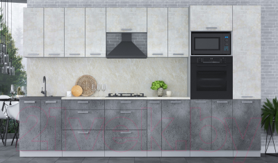 Кухонный гарнитур Интерлиния Мила Лайт 3.4 ВТ (бетон лайт/бетон портленд/опал светлый)