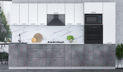 Кухонный гарнитур Интерлиния Мила Лайт 3.4 ВТ (белый платинум/бетон портленд/белый гранит)