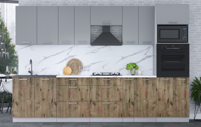 Кухонный гарнитур Интерлиния Мила Лайт 3.2 ВТ (серебро/дуб веллингтон/белый гранит)