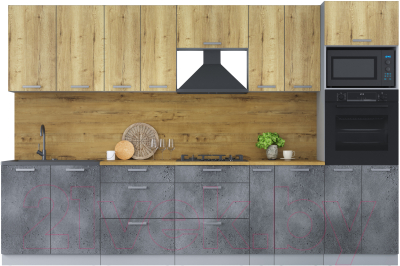 Кухонный гарнитур Интерлиния Мила Лайт 3.2 ВТ (дуб золотой/бетон портленд/дуб бунратти) - фото