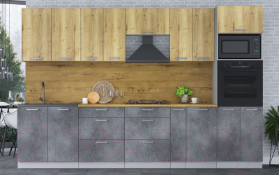 Кухонный гарнитур Интерлиния Мила Лайт 3.2 ВТ (дуб золотой/бетон портленд/дуб бунратти)