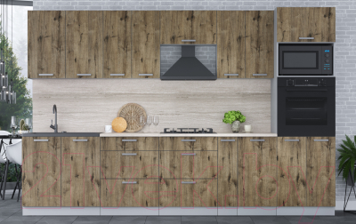 Кухонный гарнитур Интерлиния Мила Лайт 3.2 ВТ (дуб веллингтон/дуб веллингтон/травертин серый)