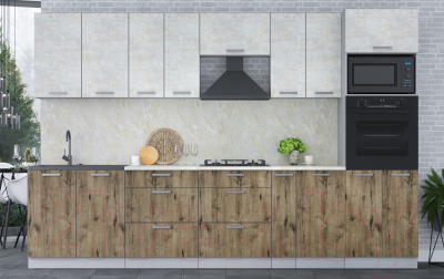 Кухонный гарнитур Интерлиния Мила Лайт 3.2 ВТ (бетон лайт/дуб веллингтон/опал светлый)