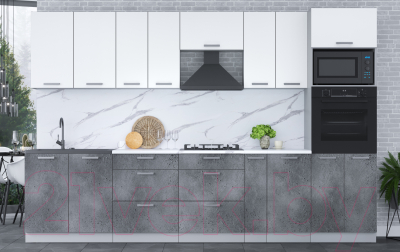 Кухонный гарнитур Интерлиния Мила Лайт 3.2 ВТ (белый платинум/бетон портленд/белый гранит)