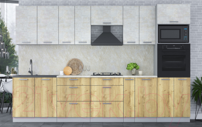 Кухонный гарнитур Интерлиния Мила Лайт 3.0 ВТ (бетон лайт/дуб золотой/опал светлый)