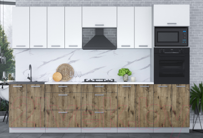 Кухонный гарнитур Интерлиния Мила Лайт 3.0 ВТ (белый платинум/дуб веллингтон/белый гранит)