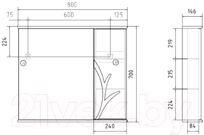Шкаф с зеркалом для ванной Volna Adel 80 R (белый)