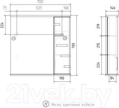 Шкаф с зеркалом для ванной Volna Joli 70 R (белый)