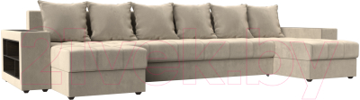 Диван П-образный Лига Диванов Дубай полки слева (микровельвет бежевый) - фото