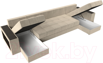 Диван П-образный Лига Диванов Дубай полки слева (микровельвет бежевый)