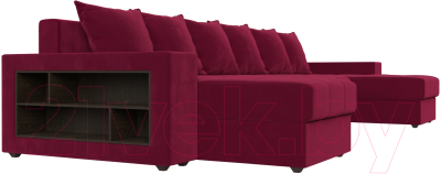 Диван П-образный Лига Диванов Дубай полки слева (микровельвет бордовый)