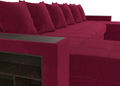 Диван П-образный Лига Диванов Дубай полки слева (микровельвет бордовый)