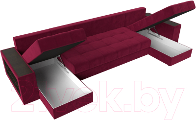Диван П-образный Лига Диванов Дубай полки слева (микровельвет бордовый)