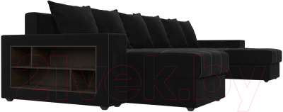 Диван П-образный Лига Диванов Дубай полки слева (микровельвет черный)