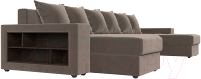 Диван П-образный Лига Диванов Дубай полки слева (велюр коричневый)