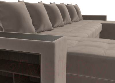 Диван П-образный Лига Диванов Дубай полки слева (велюр коричневый)