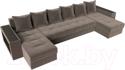 Диван П-образный Лига Диванов Дубай полки слева (велюр коричневый)