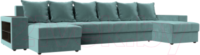 Диван П-образный Лига Диванов Дубай полки слева (велюр бирюзовый) - фото