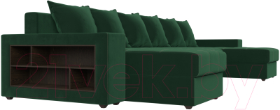 Диван П-образный Лига Диванов Дубай полки слева (велюр зеленый)