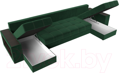Диван П-образный Лига Диванов Дубай полки слева (велюр зеленый)