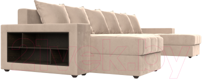 Диван П-образный Лига Диванов Дубай полки слева (велюр бежевый)