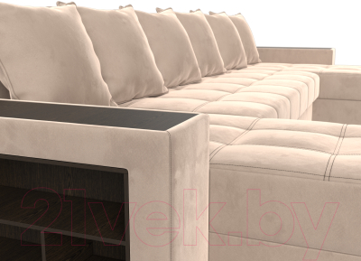 Диван П-образный Лига Диванов Дубай полки слева (велюр бежевый)