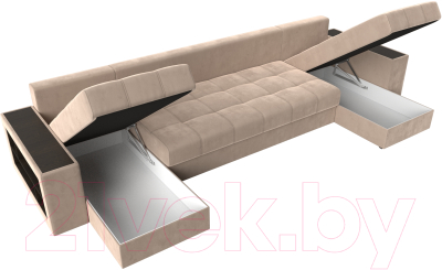 Диван П-образный Лига Диванов Дубай полки слева (велюр бежевый)