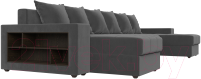 Диван П-образный Лига Диванов Дубай полки слева (велюр серый)