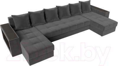 Диван П-образный Лига Диванов Дубай полки слева (велюр серый)