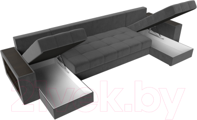 Диван П-образный Лига Диванов Дубай полки слева (велюр серый)