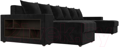 Диван П-образный Лига Диванов Дубай полки слева (велюр черный)